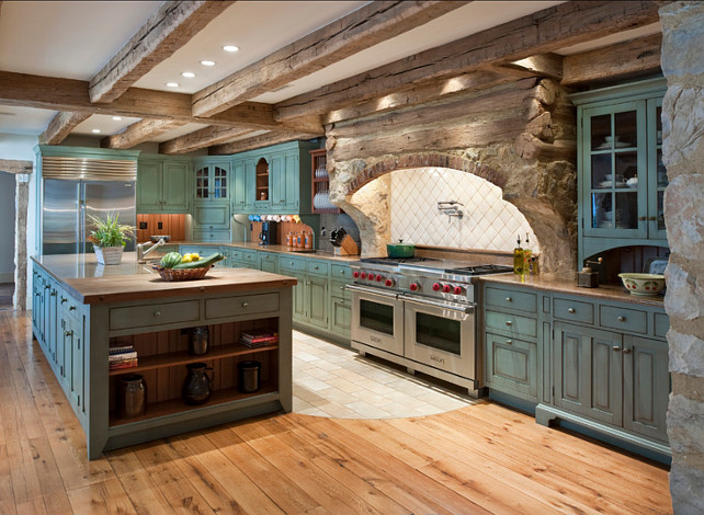 Rustic Kitchen. The cabinet Paint Color in this rustic kitchen is custom blend with an distressed finish. #RusticKitchen #CabinetPaintColor