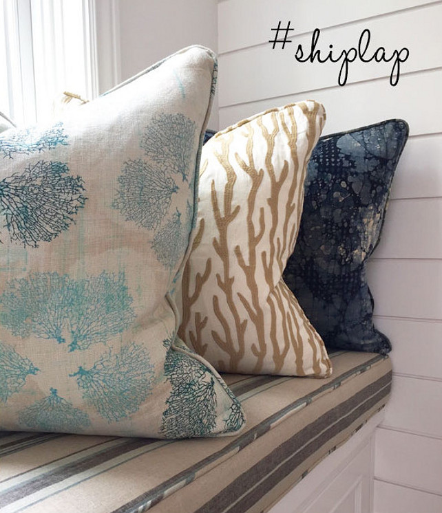 Pillows. Coastal Pillows. Coastal Pillow Ideas. Coastal Pillow on window seat. Coastal Pillow Combo. Coastal Pillow fabrics. Coastal pillows and shiplap walls. #CoastalPillow #CoastalPillows Blackband Design.