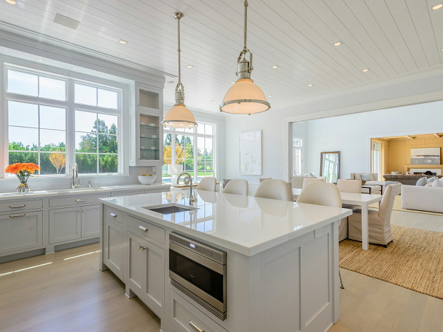 Planked Ceiling. Kitchen with Planked Ceiling. Pale Gray Kitchen with Planked Ceiling. #kitchen #PlankedCeiling Sotheby's Homes.