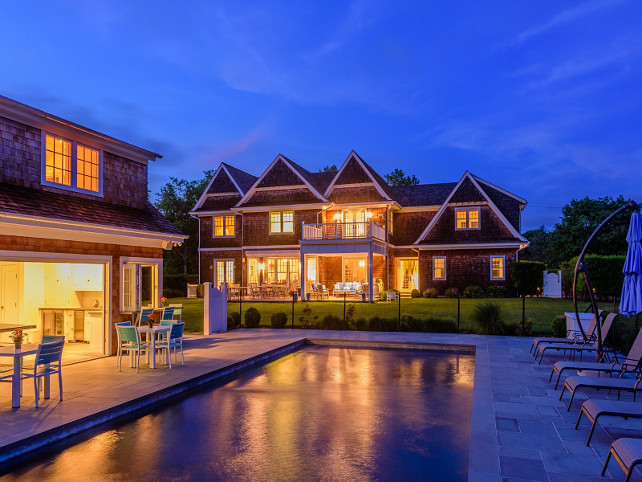 Pool and Back of the house. Back of house with patio, pool house, backyard, pool. Fence in pool. #Pool #Backyard #PoolFence Via Sotheby's Homes.