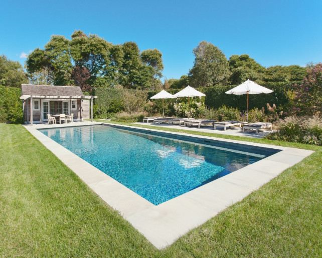 Pool. Backyard with grass, pool and poolhouse. Via Sotheby's Homes.