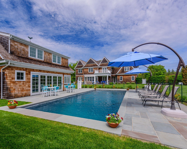 Pool. Backyard with pool. Flat backyard with pool and natural stone pool surround. #pool #PoolSurround #Backyard #FencedinPool Via Sotheby's Homes.