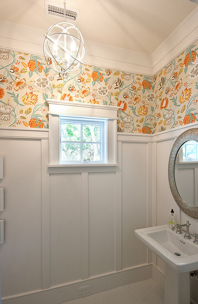 Powder Room Wallpaper Ideas. Powder Room Wallpaper is Thibaut Cayman wallpaper - T4907 in Cream and Aqua. Powder Room Board and batten. Pedestal sink. Wallpaper