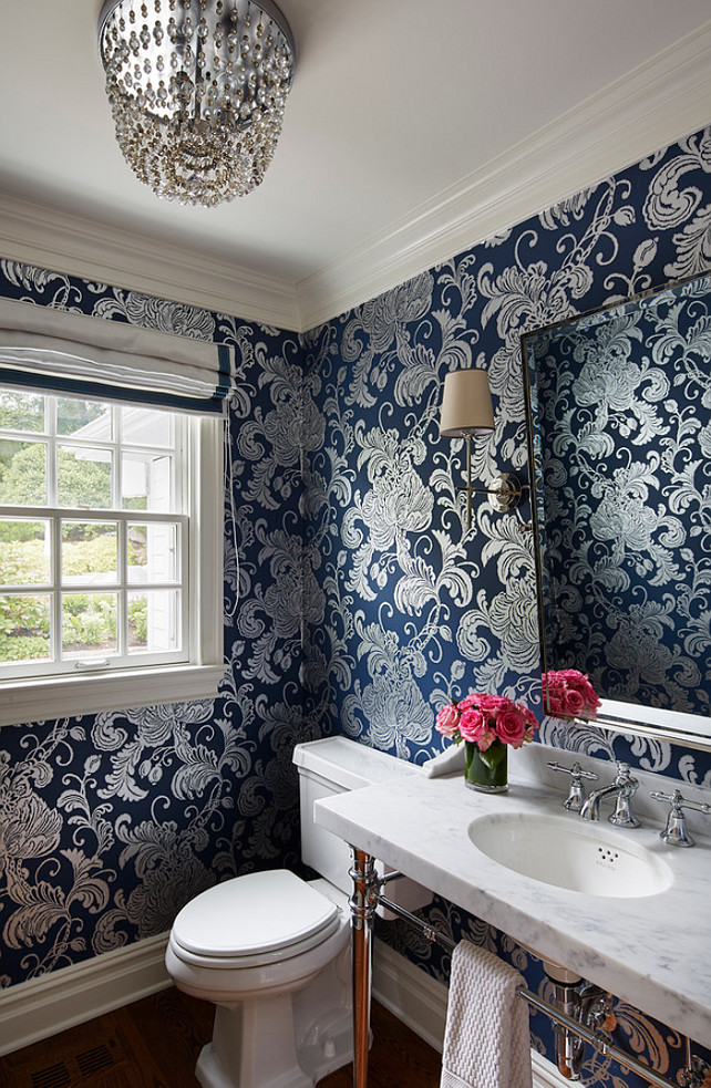 Powder Room Wallpaper. Powder Room with Navy Wallpaper. #Navy #Wallpaper #PowderRoom Martha O'Hara Interiors.