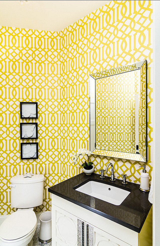 Powder Room with wallpaper. Wallpaper is the Kelly Wearstler's Imperial Trellis Wallpaper.