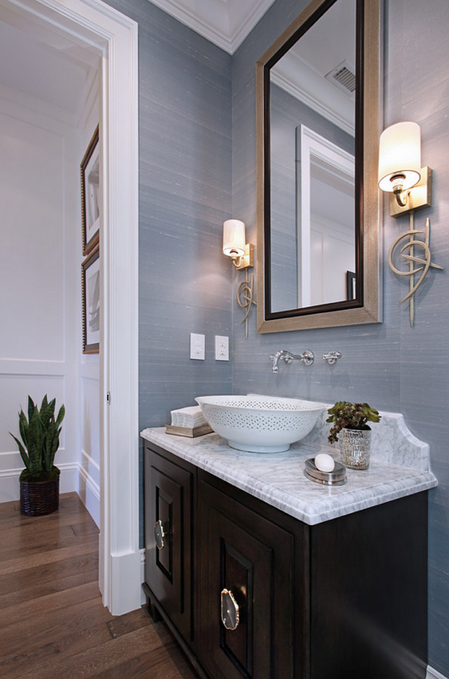 Powder Room. Elegant Powder room with AMALFI SILK Phillip Jeffries Wallpaper and Arteriors Kitson Sconce. #ArteriorsKitsonSconce #AMALFISILKPhillipJeffries #PhillipJeffries #Wallpaper Spinnaker Development.