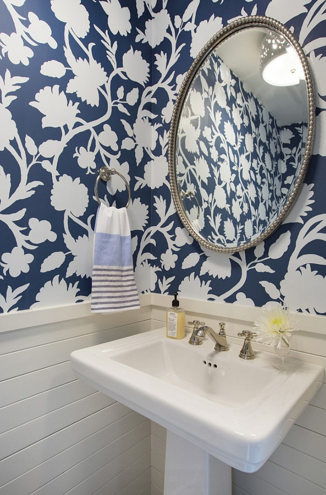 Powder Room. Powder Room with Blue and WhiteFloral Wallpaper and Wainscoting. #PowderRoom #Wallpaper #BlueandWhite #FloralWallpaper #Wainscoting #Shiplap Revision LLC.