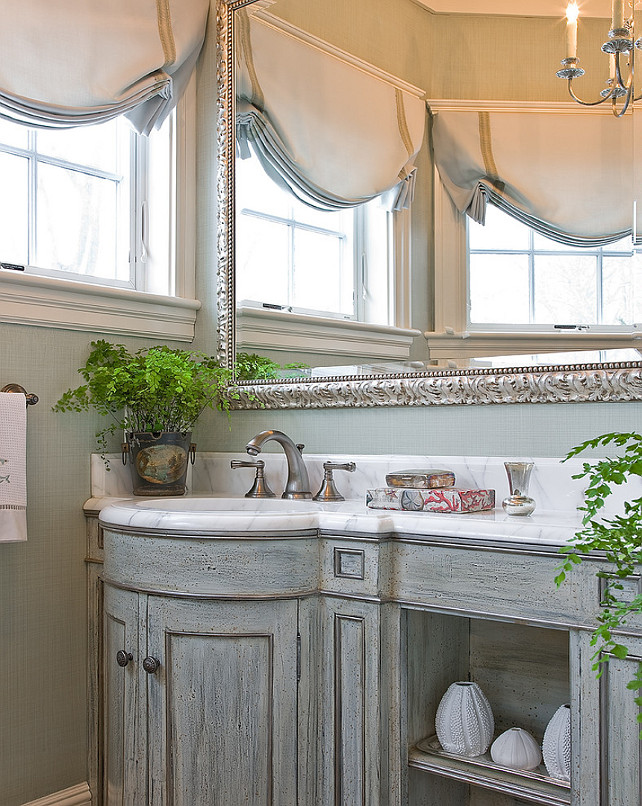 Powder Room. Traditional Powder Room. Traditional Powder Room with custom vanity, marble counter top and seafoam grasscloth wallpaper. #PowderRoom Anita Clark Design.