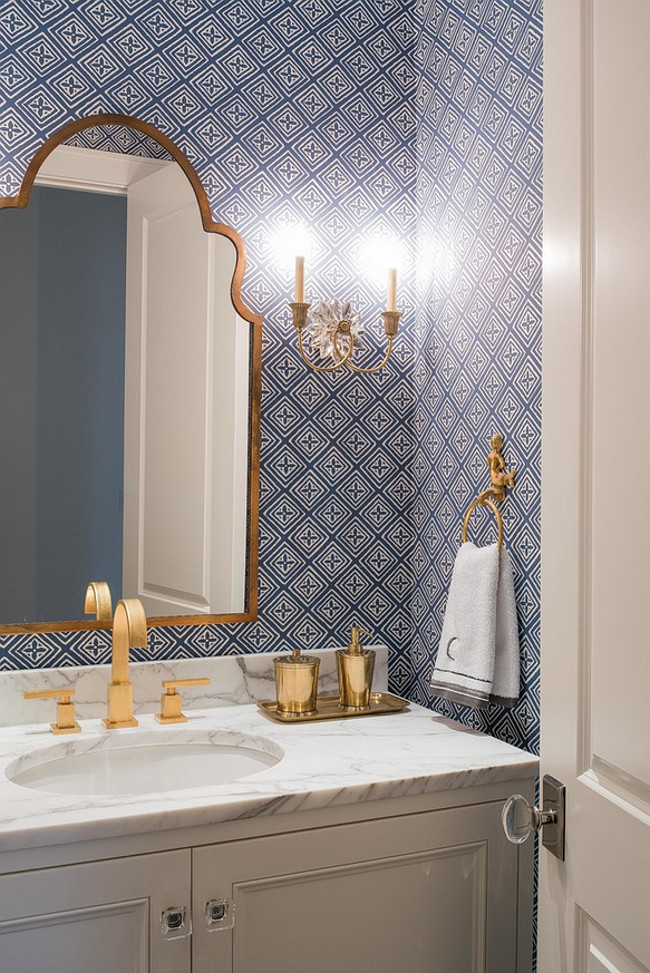 Powder room. Blue and white Powder room wallpaper. Blue and white wallpaper. Sconces are from Visual Comfort. #PowderRoom #Blueandwhite #NavyWallpaper #Wallpaper #Sconces L. Lumpkins Architect, Inc.