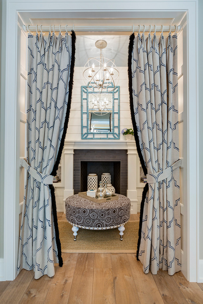 Reading Nook. Reading Nook with shiplap walls, fireplace with Blue Bungalow 5 Chloe Mirror and Orb Chandelier by Crystorama. #ReadingNook Great Neighborhood Homes.