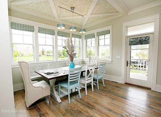 Reclaimed hardwood floor ideas. Eating Nook with reclaimed hardwood floors. #ReclaimedHardwood #ReclaimedFloors