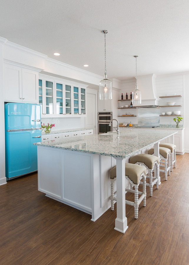 Coastal White Kitchen with Turquoise Island - Home Bunch Interior