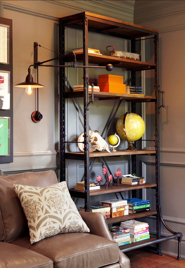 Restoration Hardware Inspired Interiors. The sofa is flanked by two swing arm sconces and rough iron and reclaimed wood libraries. #RestorationHardware