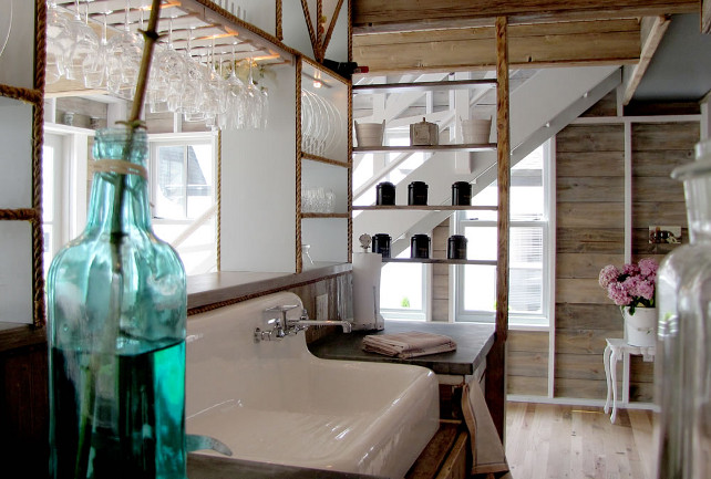 Rustic Cottage Kitchen with open shelves covered on rope trim. #Cottage #Kitchen #Rope #Rustic