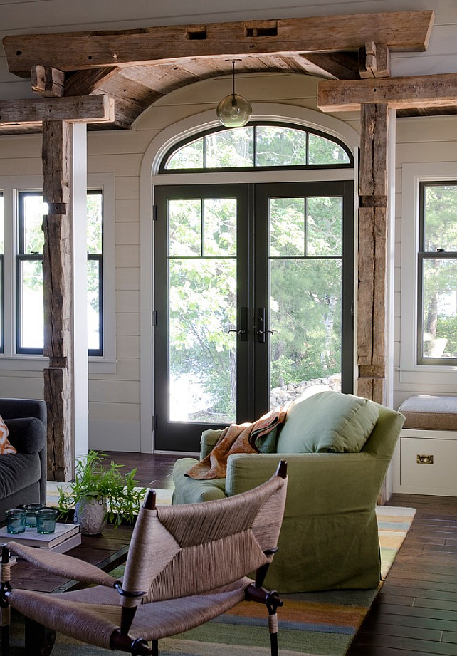 Rustic Entry Foyer. Rustic Entry Foyer with reclaimed timber beams and charcoal doors and windows. #Foyer #Entry #Rustic #Timber #Beams #ReclaimedWood Kristina Crestin Design.