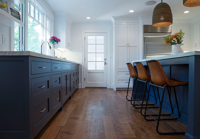 Satin Brass Kitchen Hardware. The sleek brass pulls complement the stunning plank wood flooring. The stain brass hardware is COL-743-4 Colonial Bronze 4" (102mm)c.c. Solid Brass Cabinet Pull (Satin Brass) from Hardware Hut. Design by Studio McGee. David Stinson Photography.