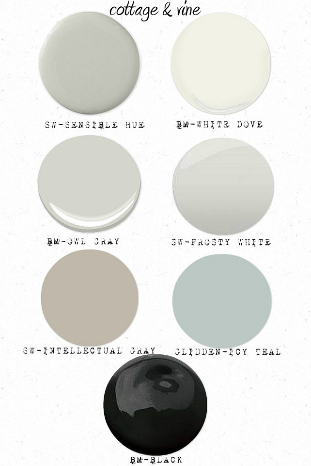 Sherwin Williams Sensible Blue. Benjamin Moore White Dove. Benjamin Moore Gray Owl. Sherwin Williams Frosty White. Sherwin Williams Intellectual Gray. Glidden Icy Teal. Benjamin Moore Black. 