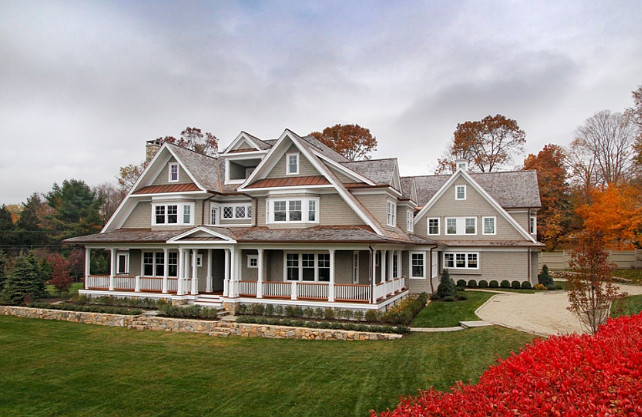 Shingle house with Fall garden. Blue Water Home Builders.