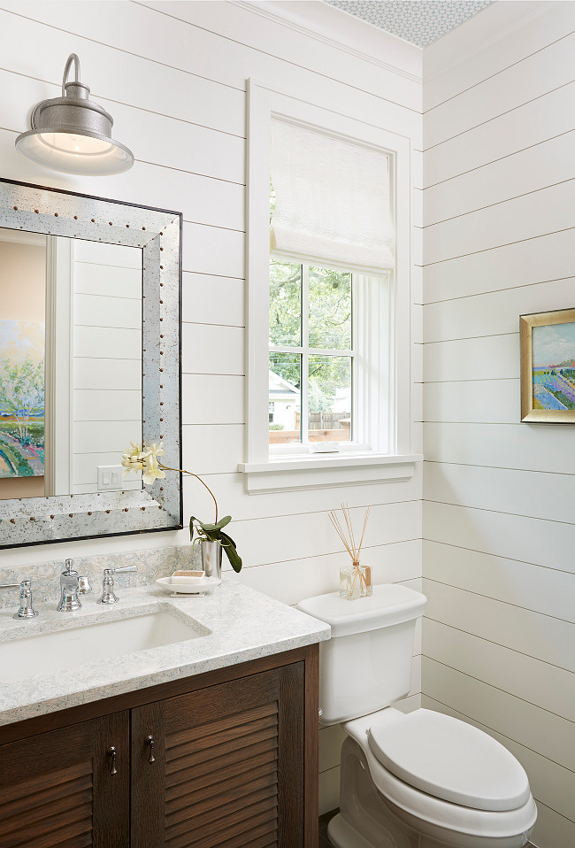 Shiplap Bathroom painted in White Dove OC-17 by Benjamin Moore. Shiplap boards are painted in Benjamin Moore White Dove. The countertop is quartz- Montgomery by Cambria. Michele Skinner.