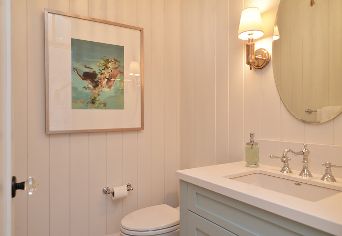 Shiplap Bathroom. The faucet is a Grohe Bridgeford chrome faucet, model 20134000. Sunshine Coast Home Design.