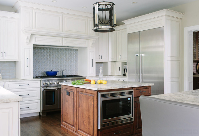 Side by side kitchen islands, cherry stained and with built-in microwave. #kitchenIsland #Kitchen #CherryKitchen #CherryStain #Microwave #Oven #Island Kate Marker Interiors.