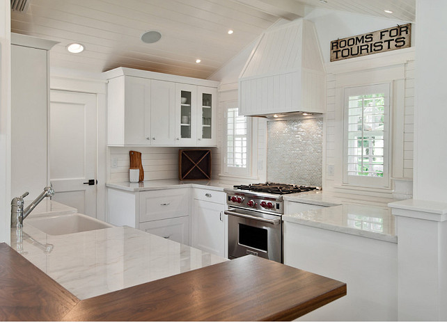 Small Kitchen Countertop Ideas. Small white kitchen. Small cottage kitchen. Small white kitchen with Carrara Marble and Walnut counter top. #SmallKitchen
