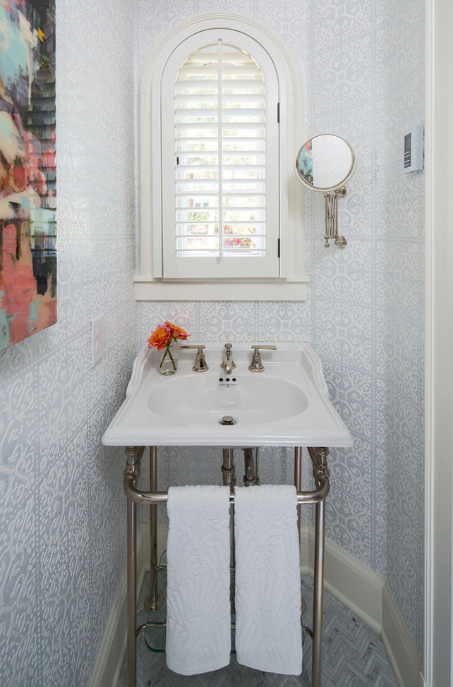 Small Powder Room. Small powder room with Rohl sink. Small Powder Room with Phillip Jeffries Wall Covering. #SmallSpaces #PowderRoom Martha O'Hara Interiors.