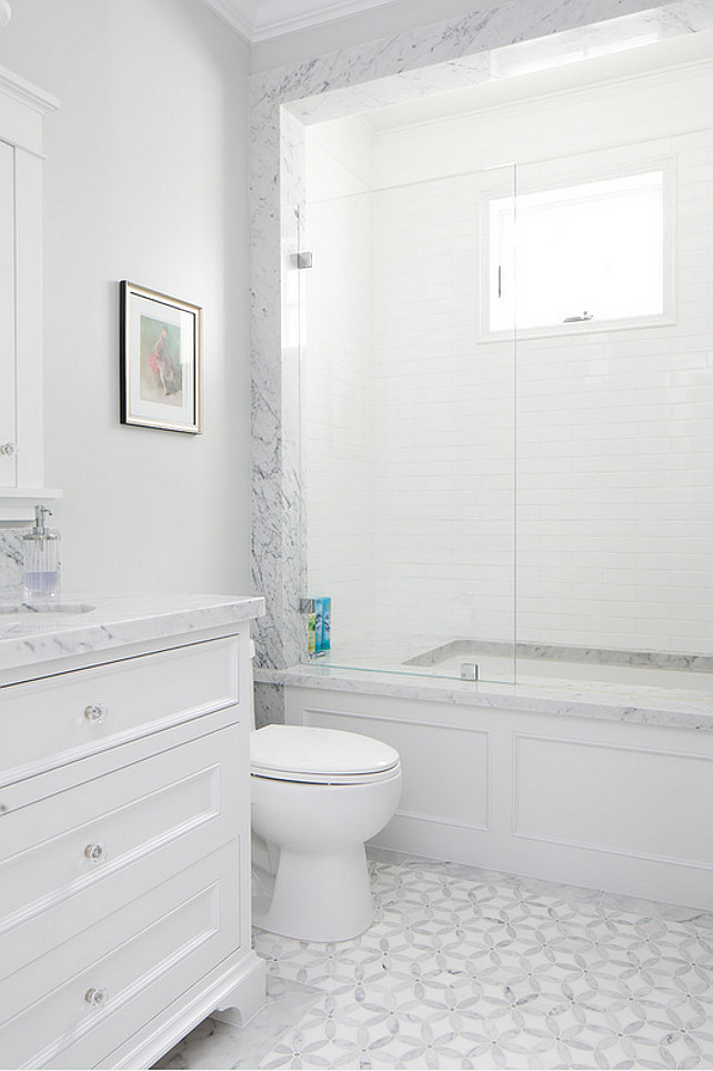 Small bathroom with gray mosaic bathroom floor inset tiles. #SmallBathroom #GrayMosaicBathroomFloorInsetTiles Brandon Architects, Inc.