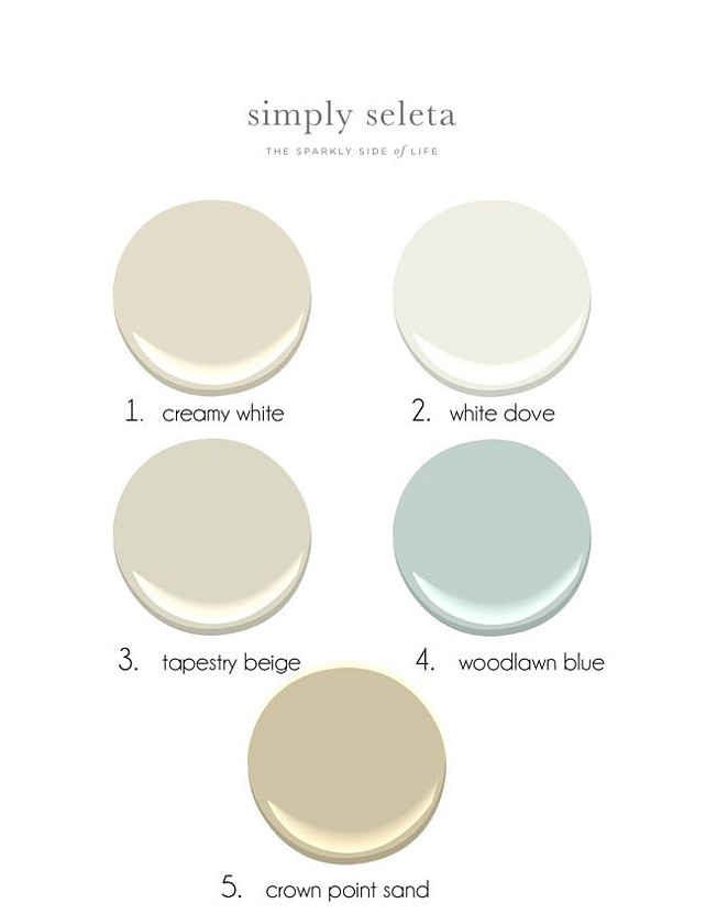 Soothing Paint Color Ideas. Benjamin Moore Creamy White OC- 7, Benjamin Moore White Dove OC-17, Benjamin Moore Tapestry Beige, Benjamin Moore Woodlawn Blue, Benjamin Moore Crown Point Sand HC-90. #BenjaminMoorePaintColors #BenjaminMooreSoothingPaintColors #WholeHouseBenjaminMoorePaintColors Via Simply Seleta. 