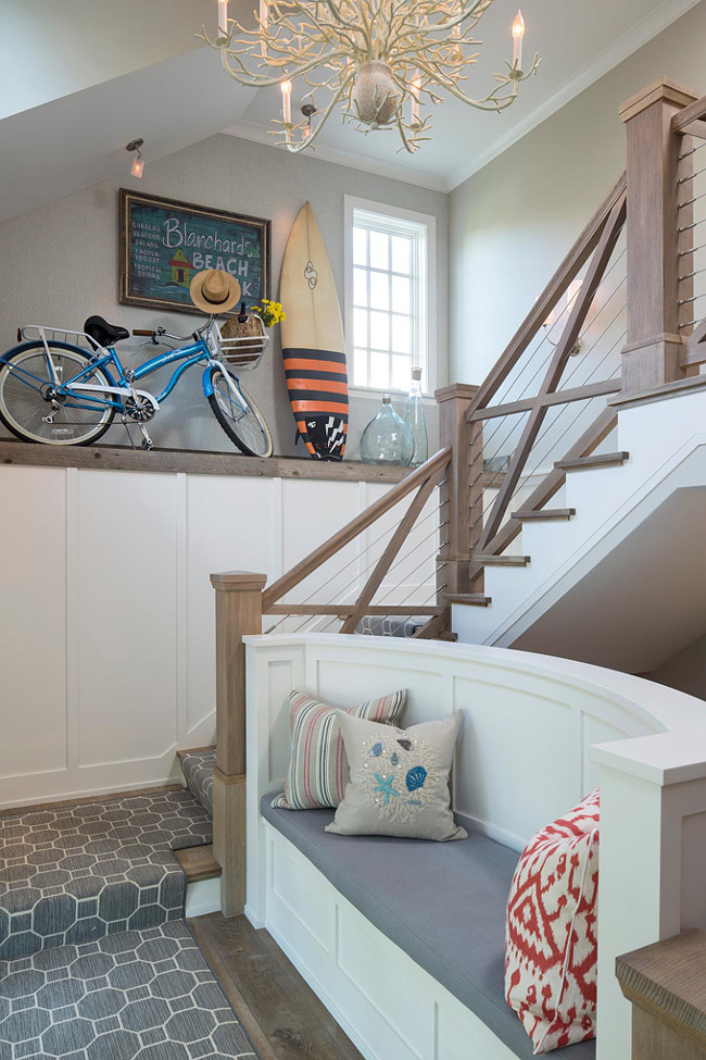 Staircase Bench. Staircase Bench Ideas. Staircase with Bench and Currey and Company - Chandeliers Seaward Chandelier. Pillow fabrics are by Schumacher. The girls of the house use often the stairway bench to watch for their carpool pick-up every morning. 