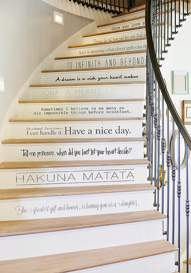Staircase Quotes. Stairway Quotes. The Disney quotes on the stairs designed by Kelsey Wells. Stairway Paint Color is BM White Dove. Wall Paint Color is BM Perspective CSP-5. Four Chairs Furniture.