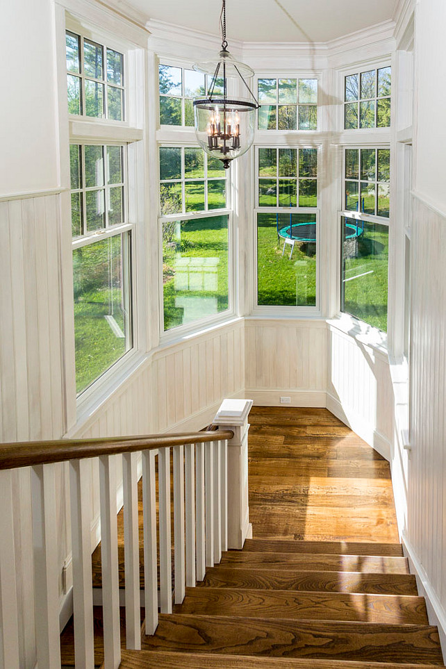 Staircase with ship lap walls. #Staircase #Shiplap Via Muskoka Cottages for Sale.
