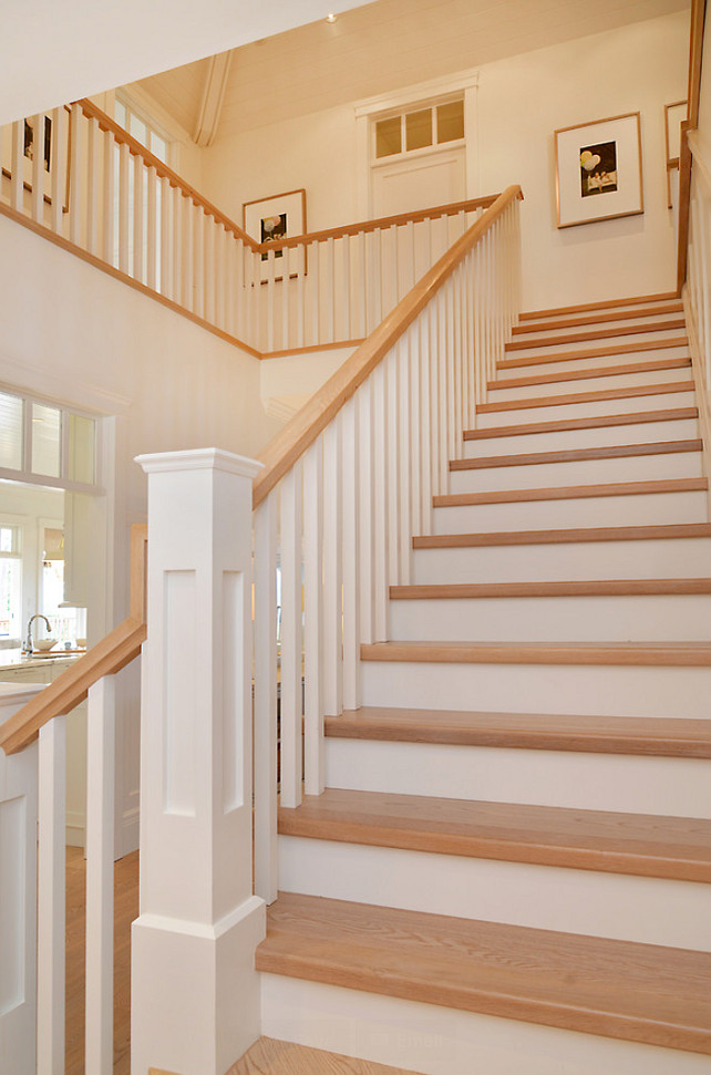 Staircase with white oak flooring. Sunshine Coast Home Design.