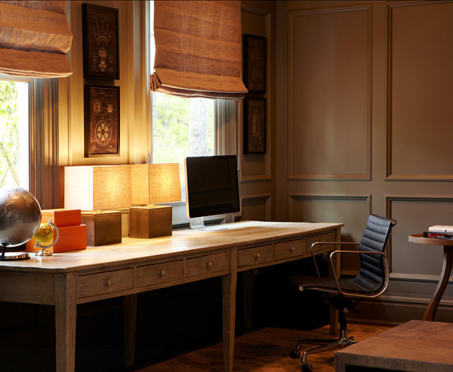 Study Library. A 12' wide vintage American schoolhouse table from the 1920's is used as the desk in this room. #Study #Library