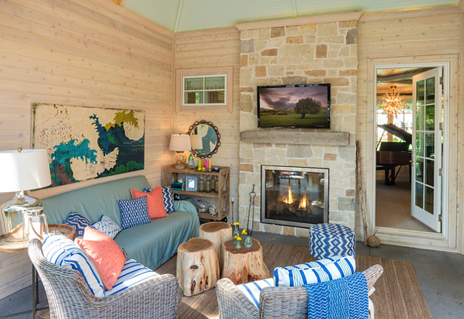 Sunroom. Sunroom with graywash shiplap walls and turquoise blue ceiling. Great Neighborhood Homes.