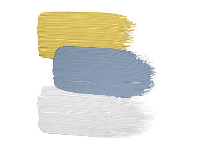 Home Exterior Paint Color Scheme: The porch ceiling is painted blue. Siding paint color is Sweet Chamomile by Behr. Porch ceiling paint color is Fountain Spout by Behr. Trim paint color is Ultra Pure White by Behr. Via HGTV.