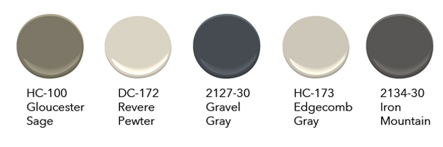 Transitional Paint Colors. Transitional Gray Paint Colors. Modern Gray Paint Color. Benjamin Moore HC-100 Gloucester Sage, Benjamin Moore HC-172 Revere Pewter, Benjamin Moore 2127-30 Gravel Gray, Benjamin Moore HC-173 Edgecomb Gray, Benjamin Moore 2134-30 Iron Mountain. #BenjaminMoorePaintColors #BenjaminMooreGrayPaintColors #TransitionalBenjaminMoorePaintColors #TransitionalGrayPaintColors #TransitionalPaintColors Via David Benton