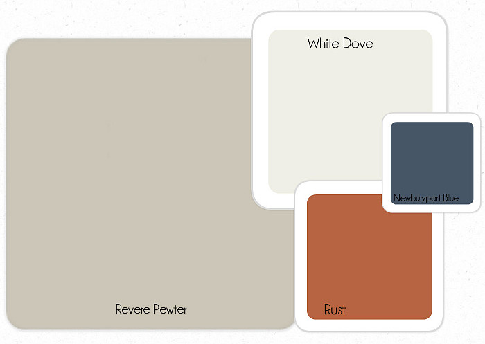 Transitional Paint Colors. Benjamin Moore Revere Pewter. Benjamin Moore White Dove. Benjamin Moore Newburyport Blue. Benjamin Moore Rust. #Transitional #paintColor Linda Holt Interiors