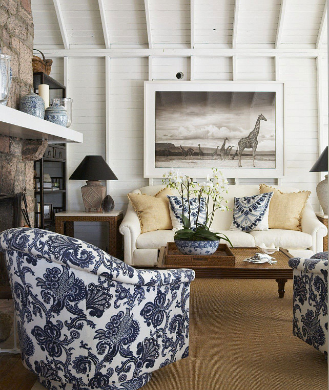 Transitional living room with blue and white fabric. #livingroom #Blueandwhite #Fabric Anne Hepfer Designs.