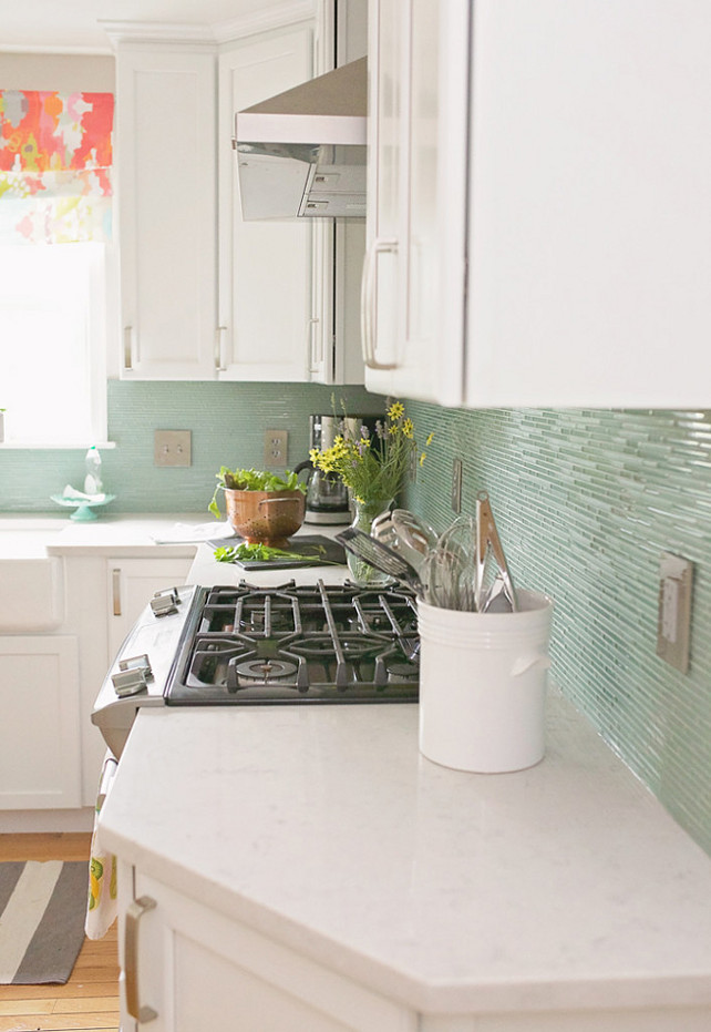 Turquoise Backsplash. Cottage kitchen with turquoise glass backsplash. #TurquoiseBacksplash #Turquoise #Backsplash #GlassBacksplash #TurquoiseGlassBacksplash Welcome to the Mouse House.