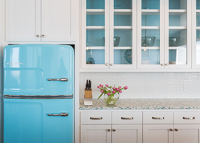 Turquoise Big Chill Refrigerator. Kitchen with Turquoise Big Chill Refrigerator. #Turquoise #BigChill #Refrigerator Laura U, Inc.