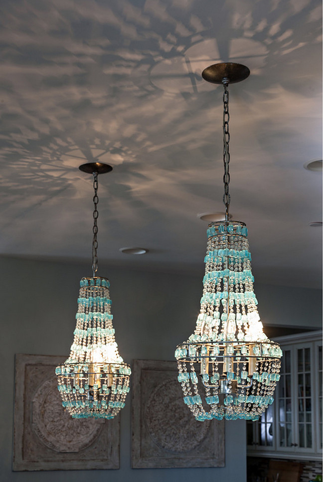 Turquoise Chandelier Pendant Lighting. Turquoise Beaded Chandelier. Kitchen Turquoise Beaded Chandelier Pendants over island. #Turquoise #Beaded #Chandelier Casabella Home Furnishings & Interiors.