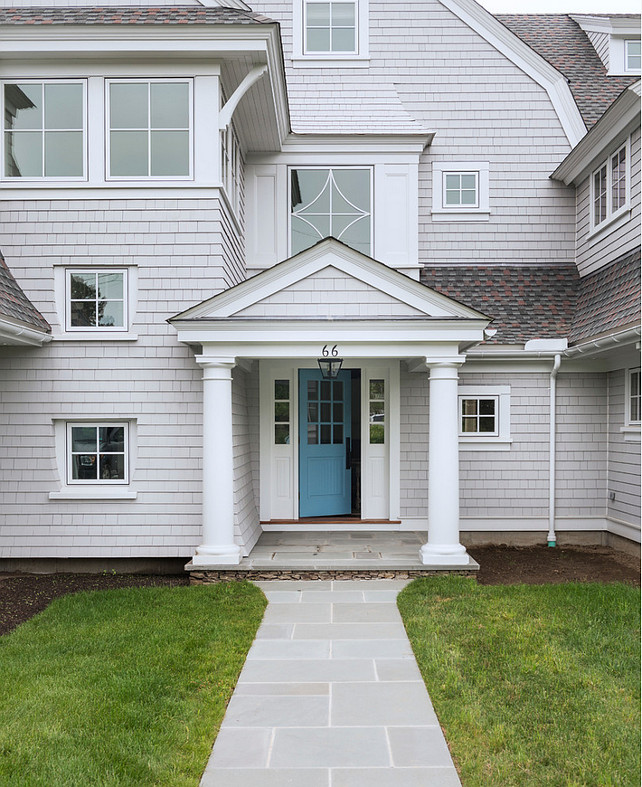 Turquoise Front Door. Turquoise Front Door Paint Color. Blue Turquoise Front Door. Shingle home with Turquoise Front Door. #Turquoise #FrontDoor #PaintColors Digs Design Company.