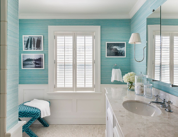 Turquoise Grasscloth Wallpaper in bathroom. Kate Jackson Design.