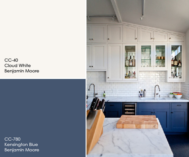 Two Tone Cabinet Paint Color. Upper cabinets paint color is Cloud White by Benjamin Moore. Lower cabinets paint color is Kensington Blue CC-780 by Benjamin Moore.