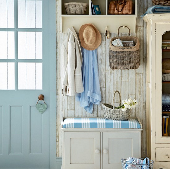 Shabby-Chick Interiors. This is a very cute shabby-chic mudroom. Who doesn't love shabby-chic interiors, right? Juts lovely! #ShabbyChicInteriors #ShabbyChic