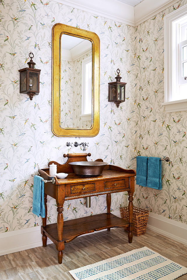 Vintage Dresser Transformed into Bathroom Vanity Designed by Sarah Richardson. Transforming a vintage dresser into a vanity is a fast way to make a brand-new powder room feel less run of-the-mill," says designer Sarah Richardson. #SarahRichardson