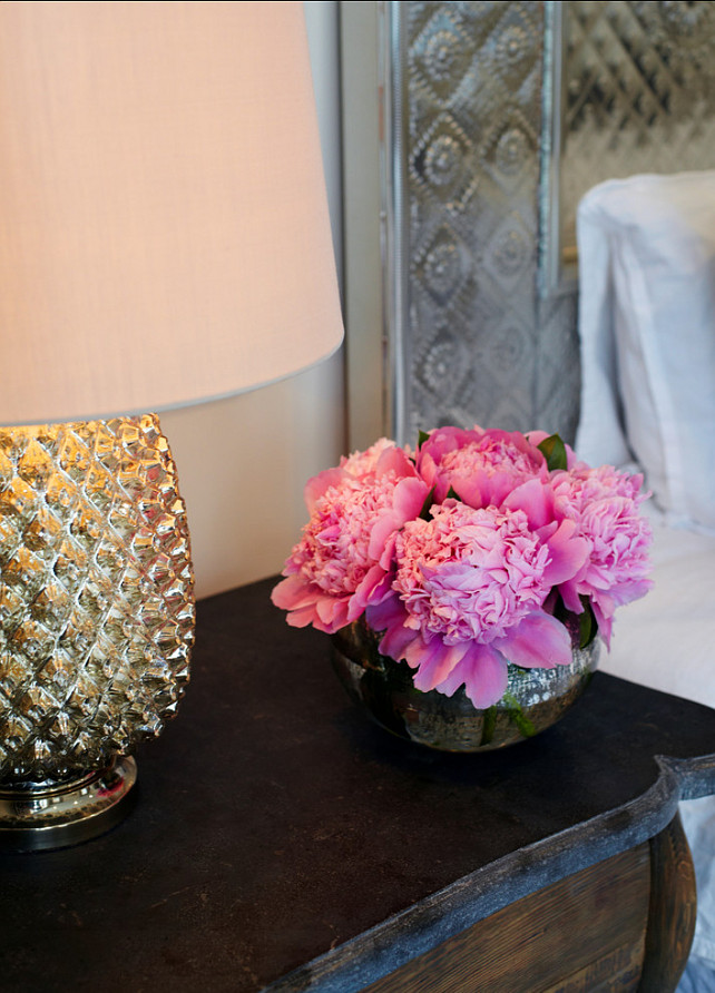 Vintage Home Decor. Detail of hand carved wood nightstand with bluestone top. Vintage Italian 1950's mercury glass lamp with silk shade. #Vintage #HomeDecor #Interiors