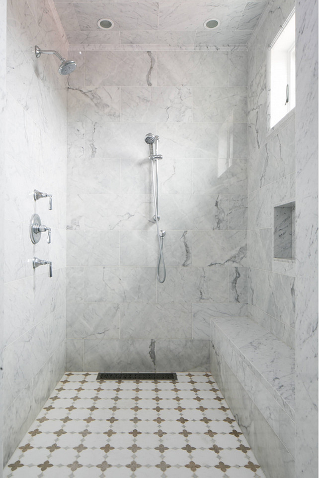 Walk-in Shower. Walk-in Shower with marble flooring. Walk-in Shower with marble tiles. Walk-in Shower bench. Walk-in Shower recessed light. Walk-in Shower window. #WalkinShower