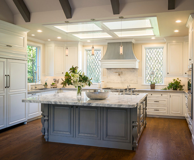 White Kitchen Gray Island. Kitchen with White Perimeter Cabinets and Gray Island. #WhiteKitchen #GrayIsland #WhitePerimeterCabinet #GrayIslandKitchen Brownhouse Design.